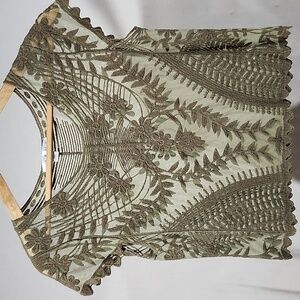 Say‎ What? Women's Olive Green Sheer Ebroidered Scallopped Edge Top Size Small